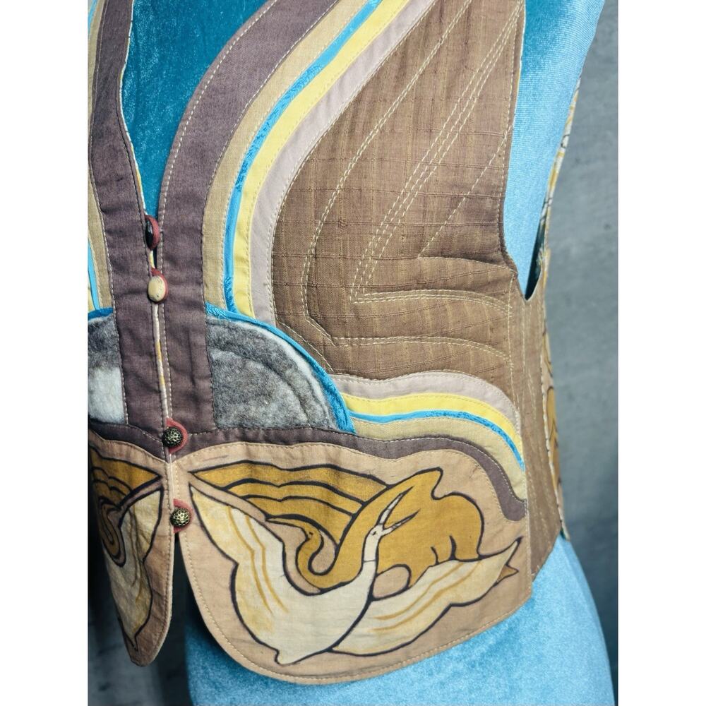 VTG 70s Art Nouveau Patchwork Vest Wearable Art Crane Boho Hippy Festival RARE! - Picture 3 of 12
